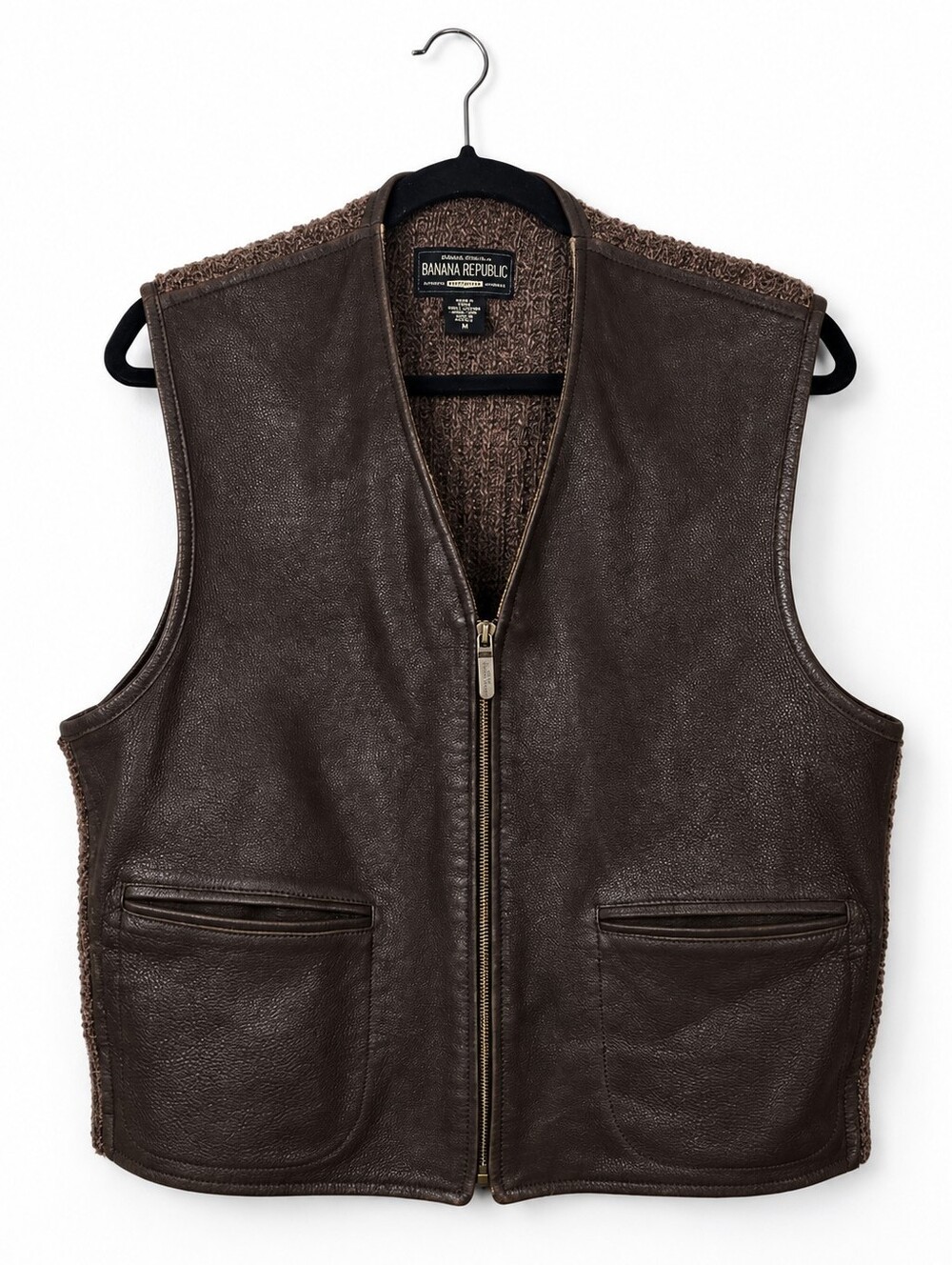 Vintage 90s Banana Republic Leather Wool Silk Sweater Vest Brown Zip Small